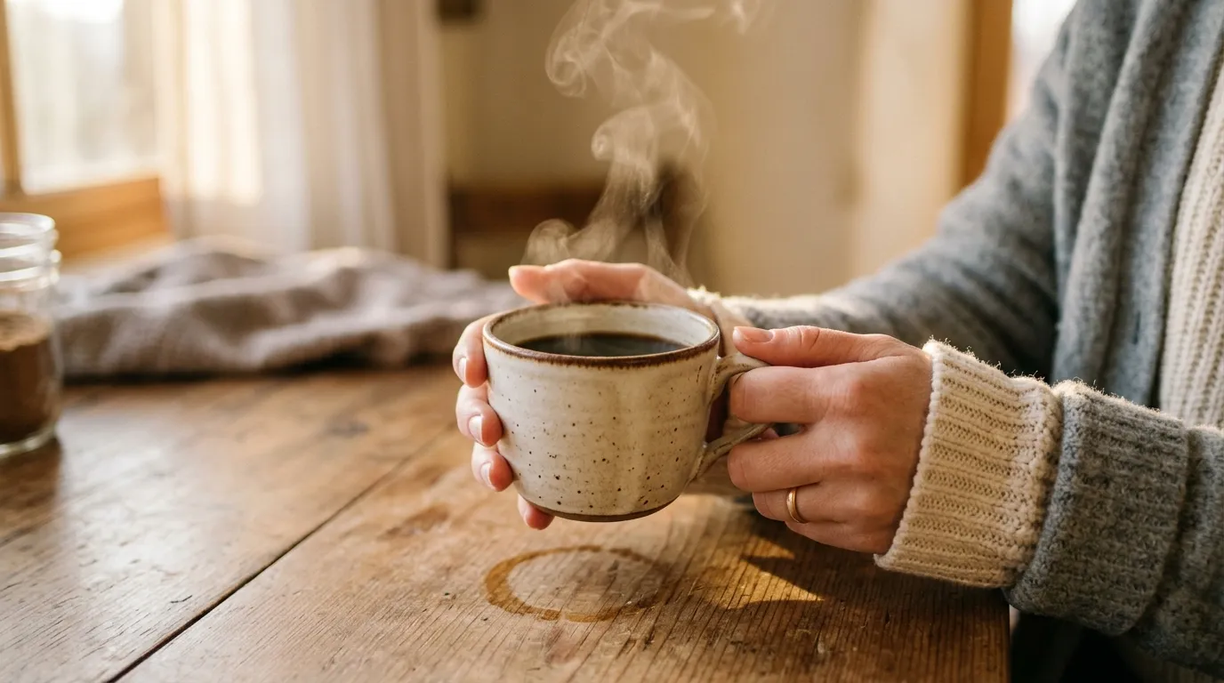 Hands lifting a warm ceramic cup from a wooden table