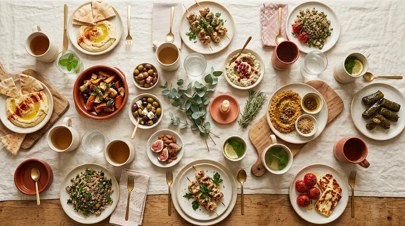 Small plates and cups arranged on a linen-covered table