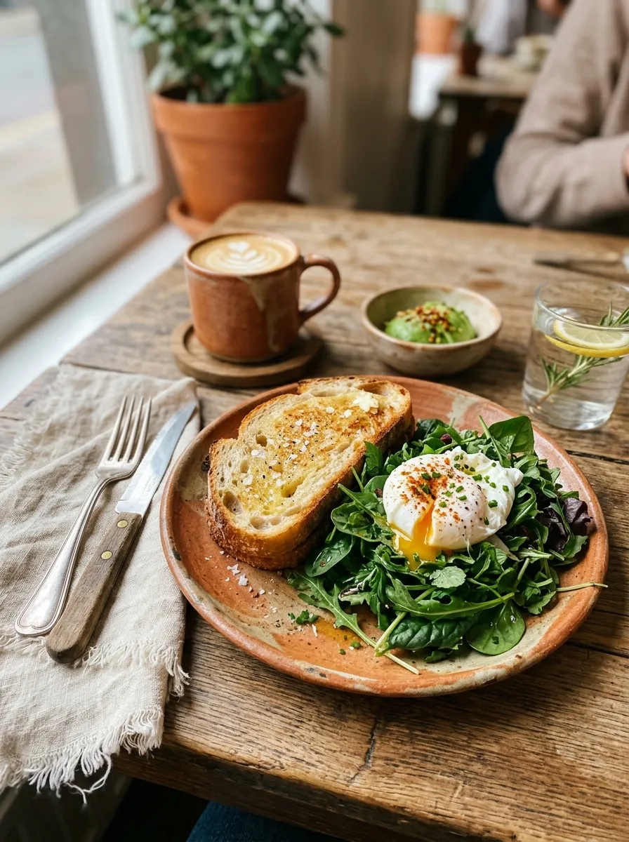 Brunch plate with greens, poached egg, sourdough