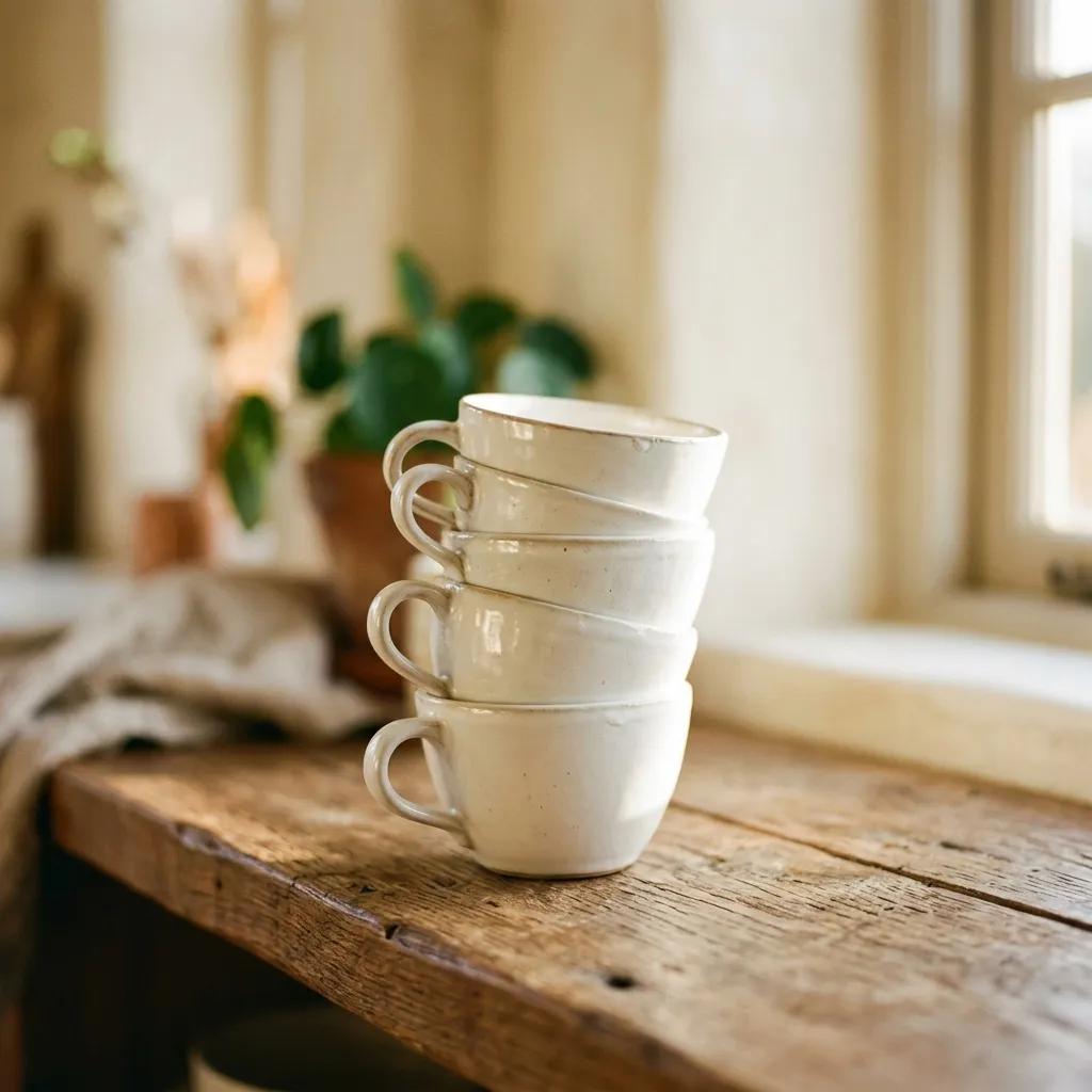 Stack of white ceramic cups on a wooden shelf
