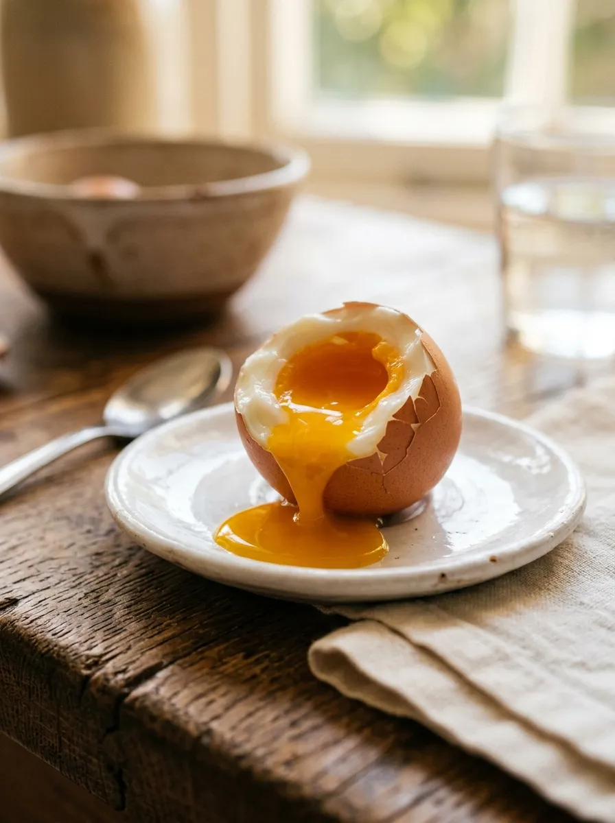 Soft-boiled egg cracked into a saucer