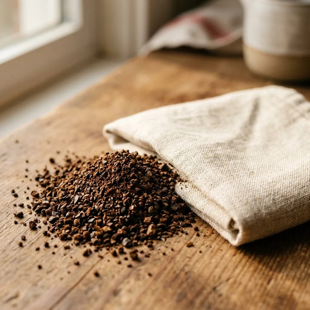 Coarse coffee grounds beside a folded linen cloth