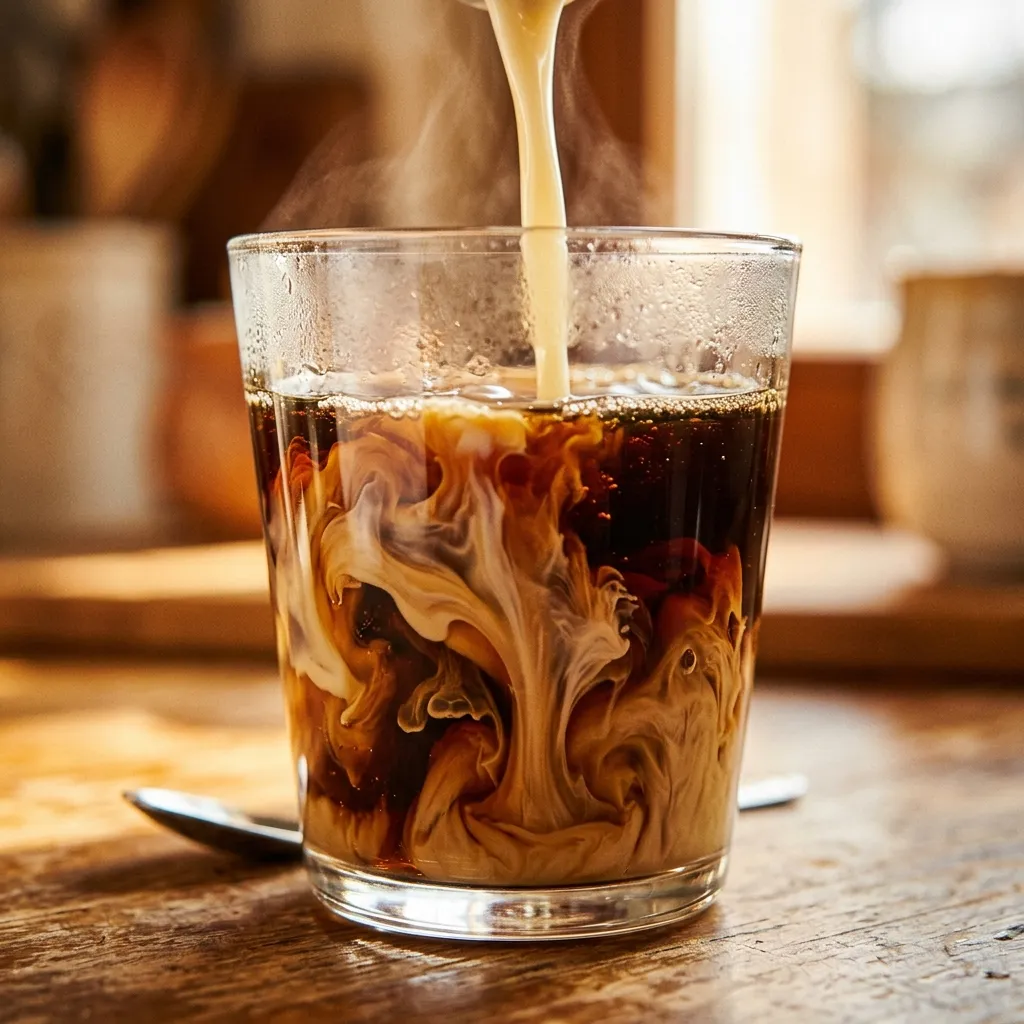 Condensed milk swirling into black coffee