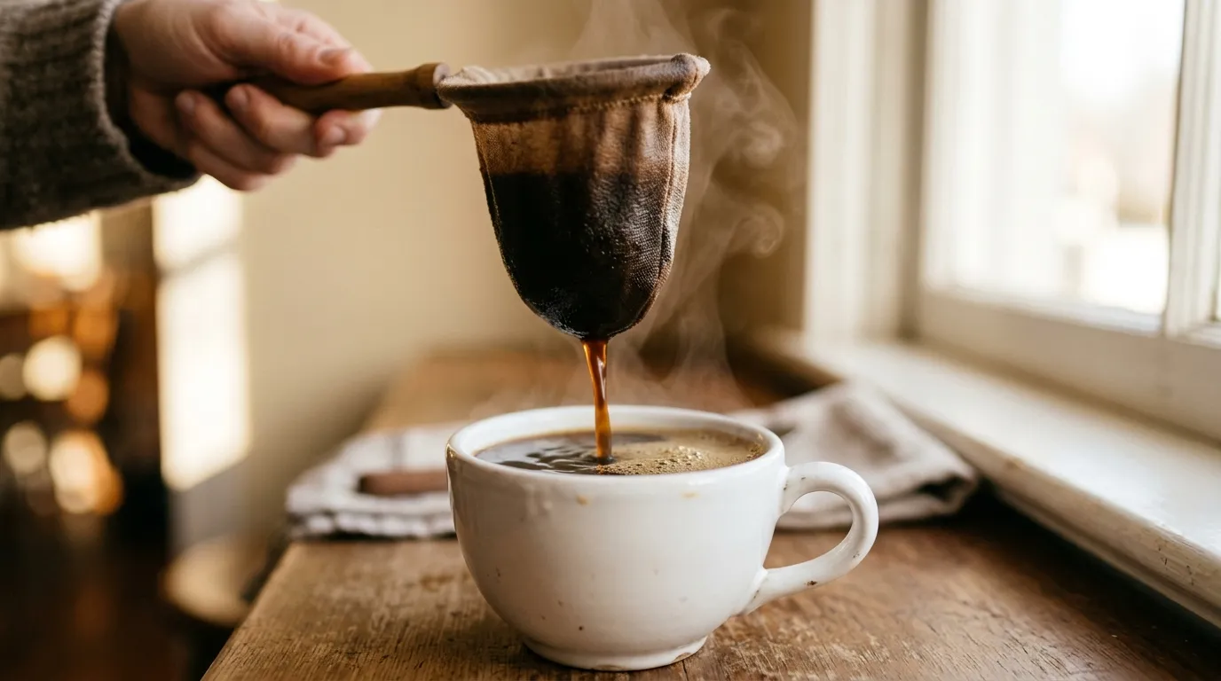 Dark coffee pouring from a sock filter into a white cup